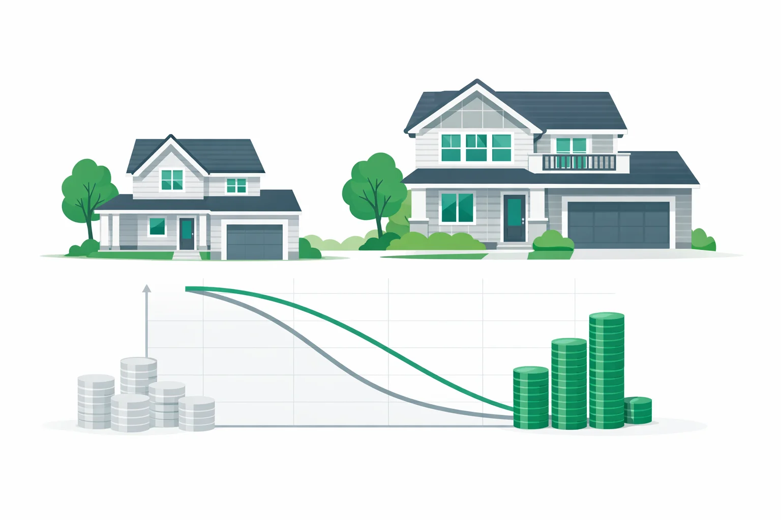 30-year mortgage calculator comparing the lower monthly payment and higher total interest of a 30-year term against a 15-year loan, with a balance curve showing slow early equity