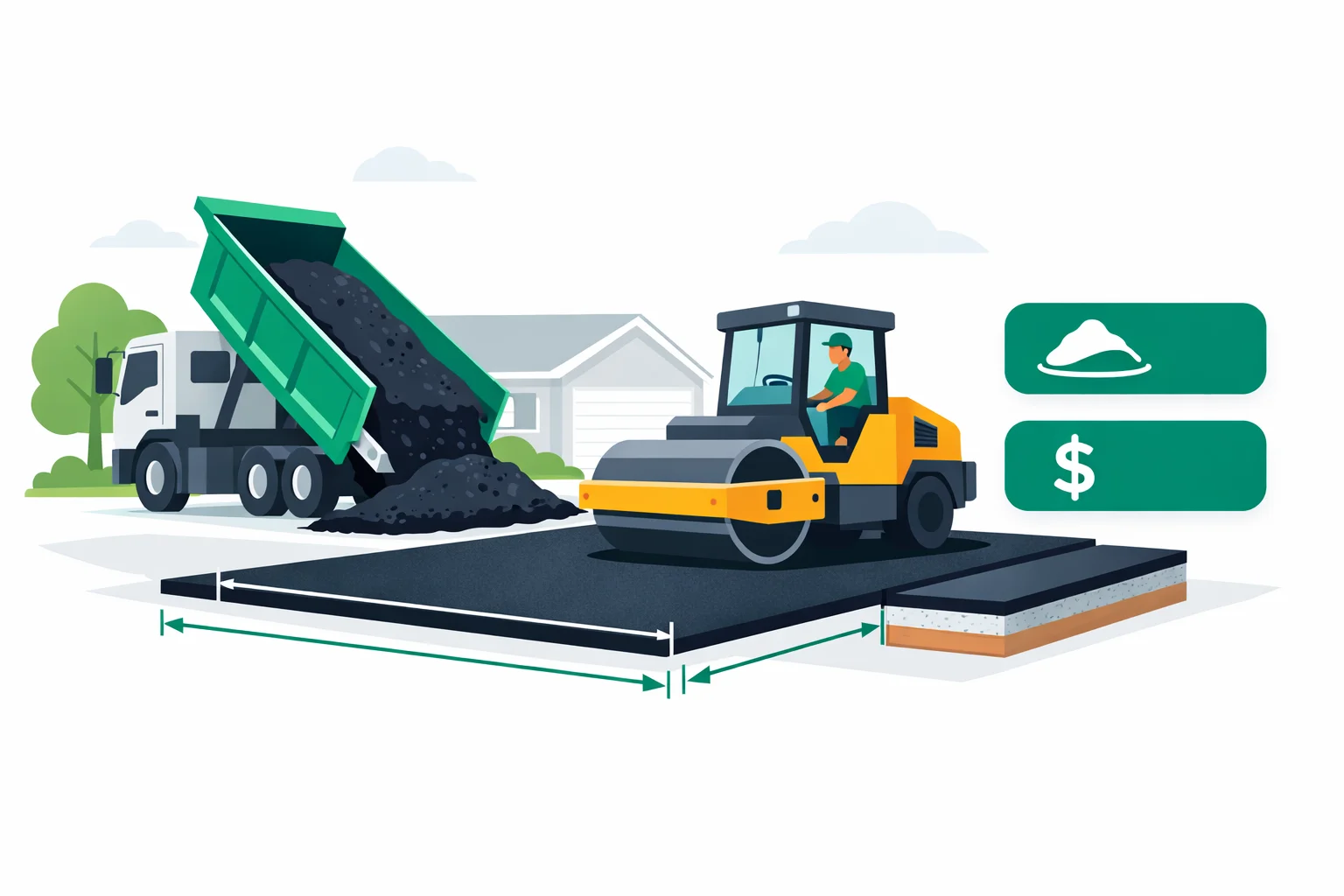 Asphalt tonnage calculator illustration showing a roller compacting hot mix blacktop on a residential driveway with measurement labels for length, width, and thickness