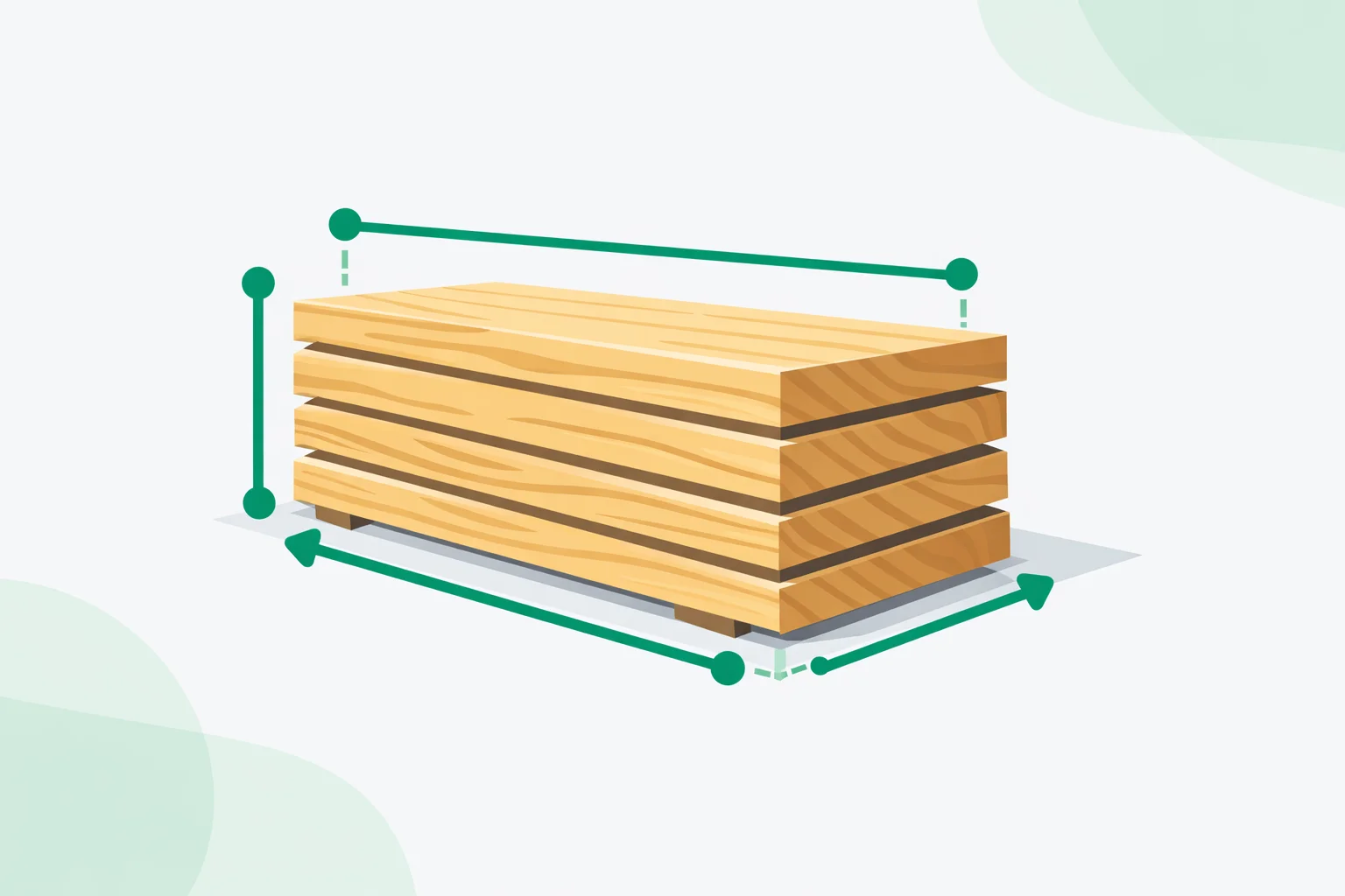 Board foot calculator showing stacked lumber boards with thickness, width, and length dimension labels for calculating board footage