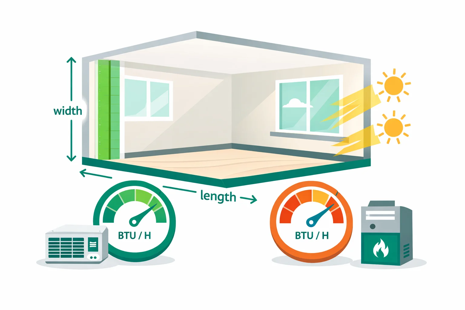 BTU calculator diagram showing a room's dimensions, windows, sun exposure, and insulation feeding into cooling and heating BTU-per-hour requirements for sizing an AC or furnace