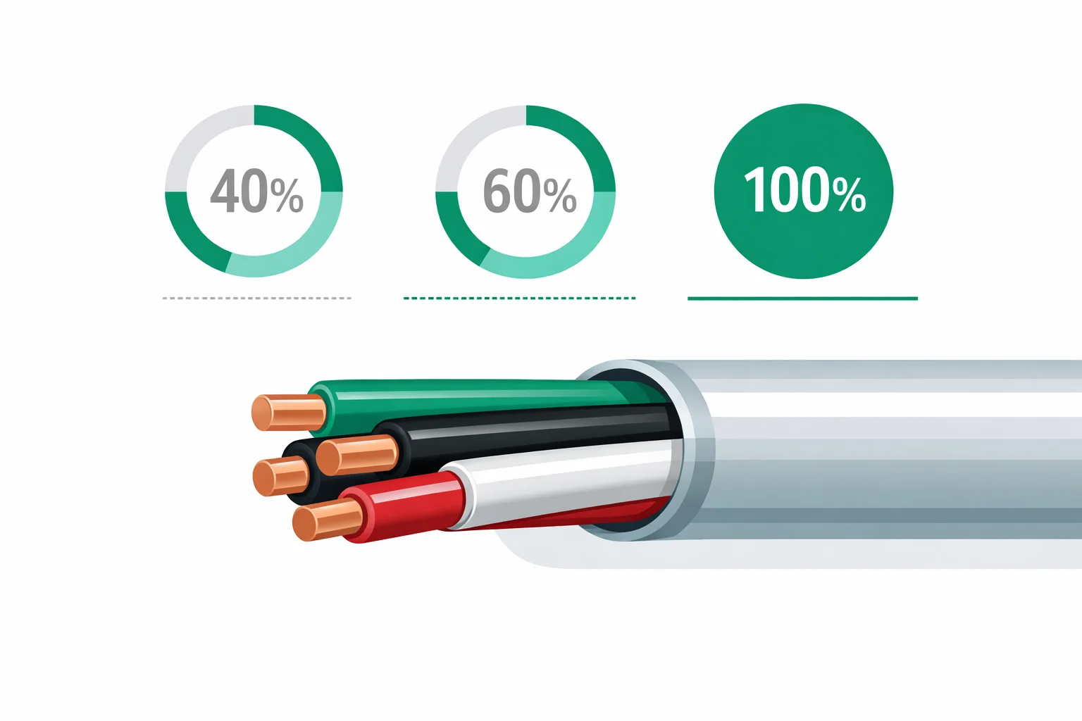 Cross-section diagram of EMT conduit showing color-coded THHN wire conductors with NEC fill percentage zones and capacity labels