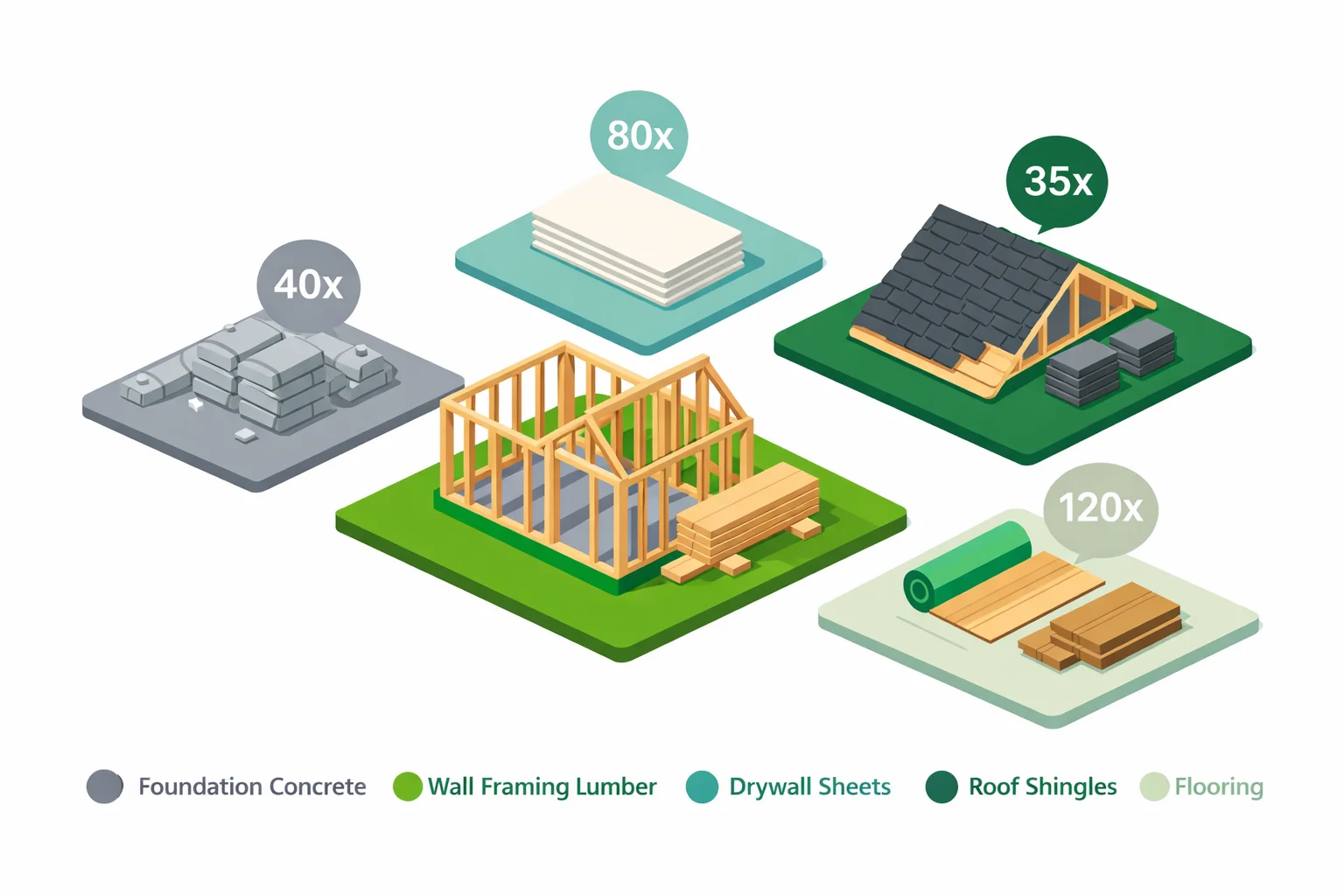 Construction calculator showing material estimation across five building phases — foundation concrete, wall framing lumber, drywall sheets, roof shingles, and flooring