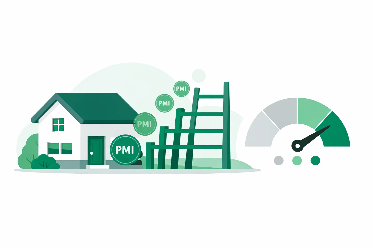Conventional loan calculator showing a down payment ladder from 3% to 20%, shrinking PMI that disappears at 20% down, and a credit-score gauge driving the PMI rate