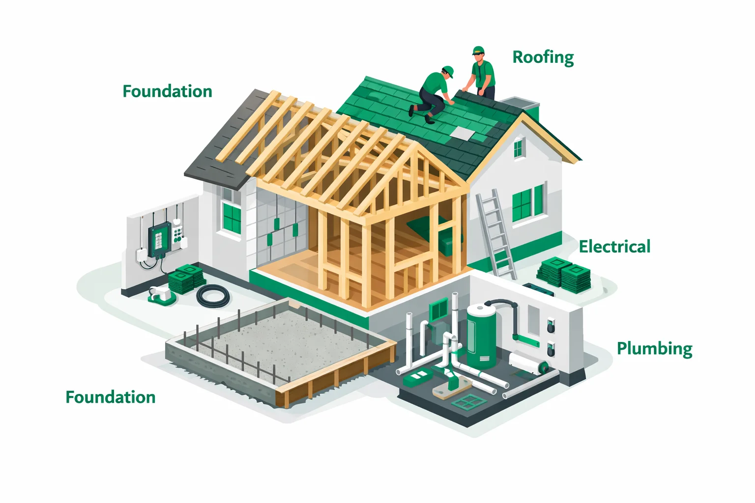 Cost to build a house breakdown showing foundation, framing, roofing, electrical, plumbing, and interior finish cost categories with dollar amounts for new home construction