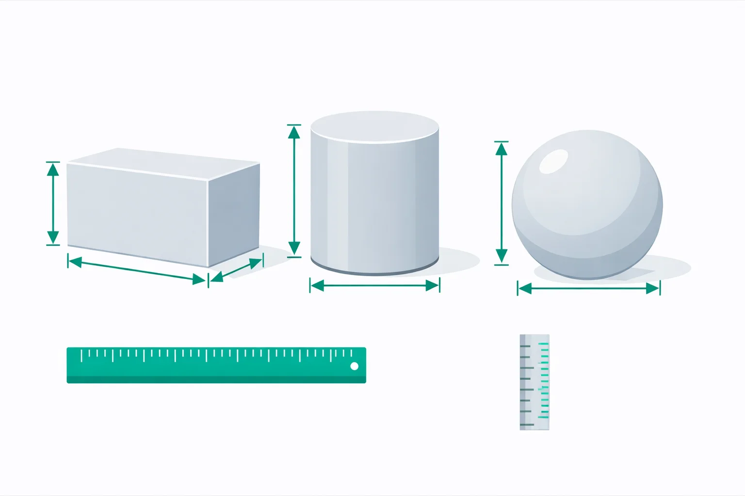 Cubic feet calculator showing 3D shapes with labeled dimensions including a rectangular box, cylinder, and sphere