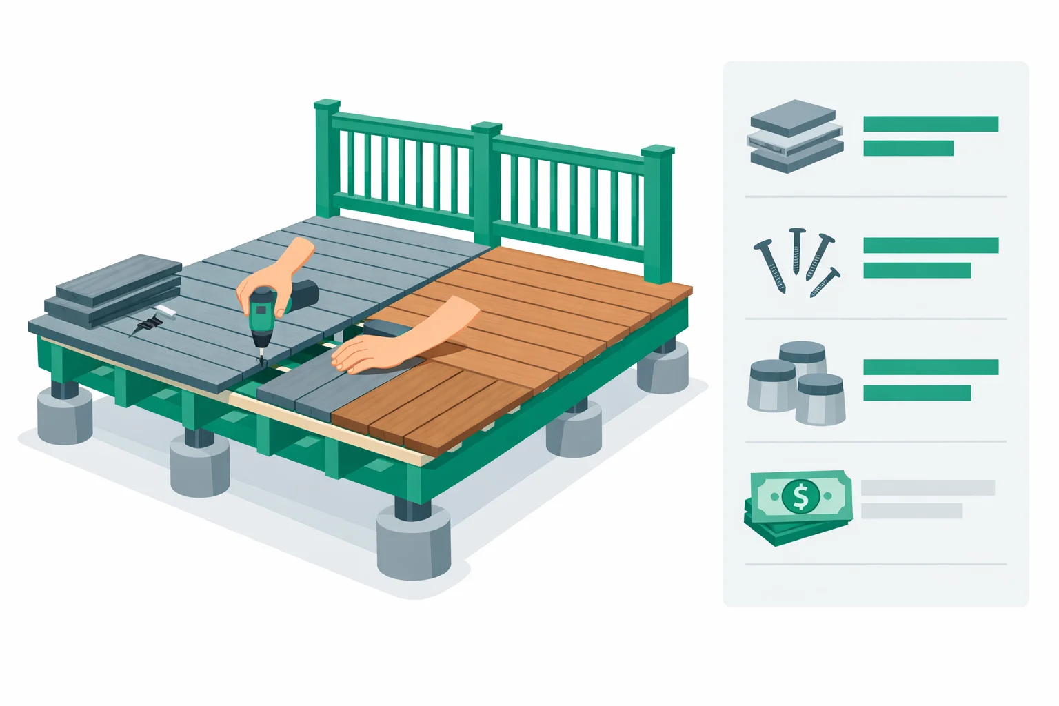 Deck calculator estimating decking boards, joists over concrete pier footings, hidden fasteners, railing, and total cost for a framed backyard deck