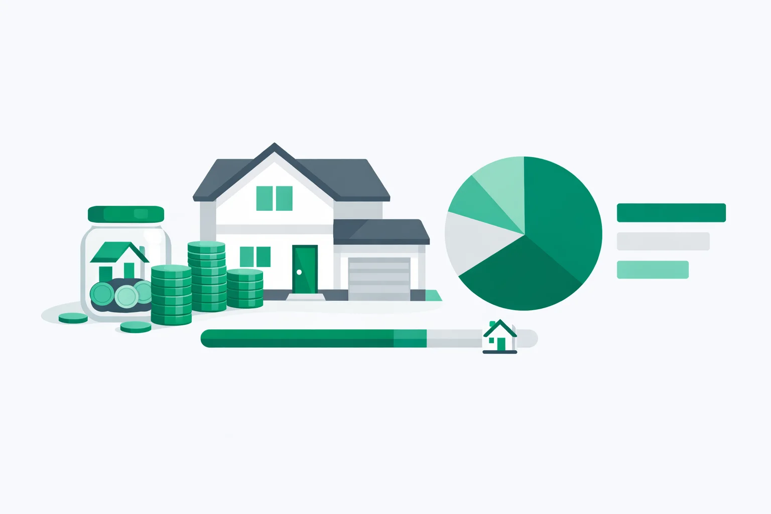 Down payment calculator illustration showing a house with stacked coins, savings jar, and progress bar toward a down payment goal with mortgage payment breakdown