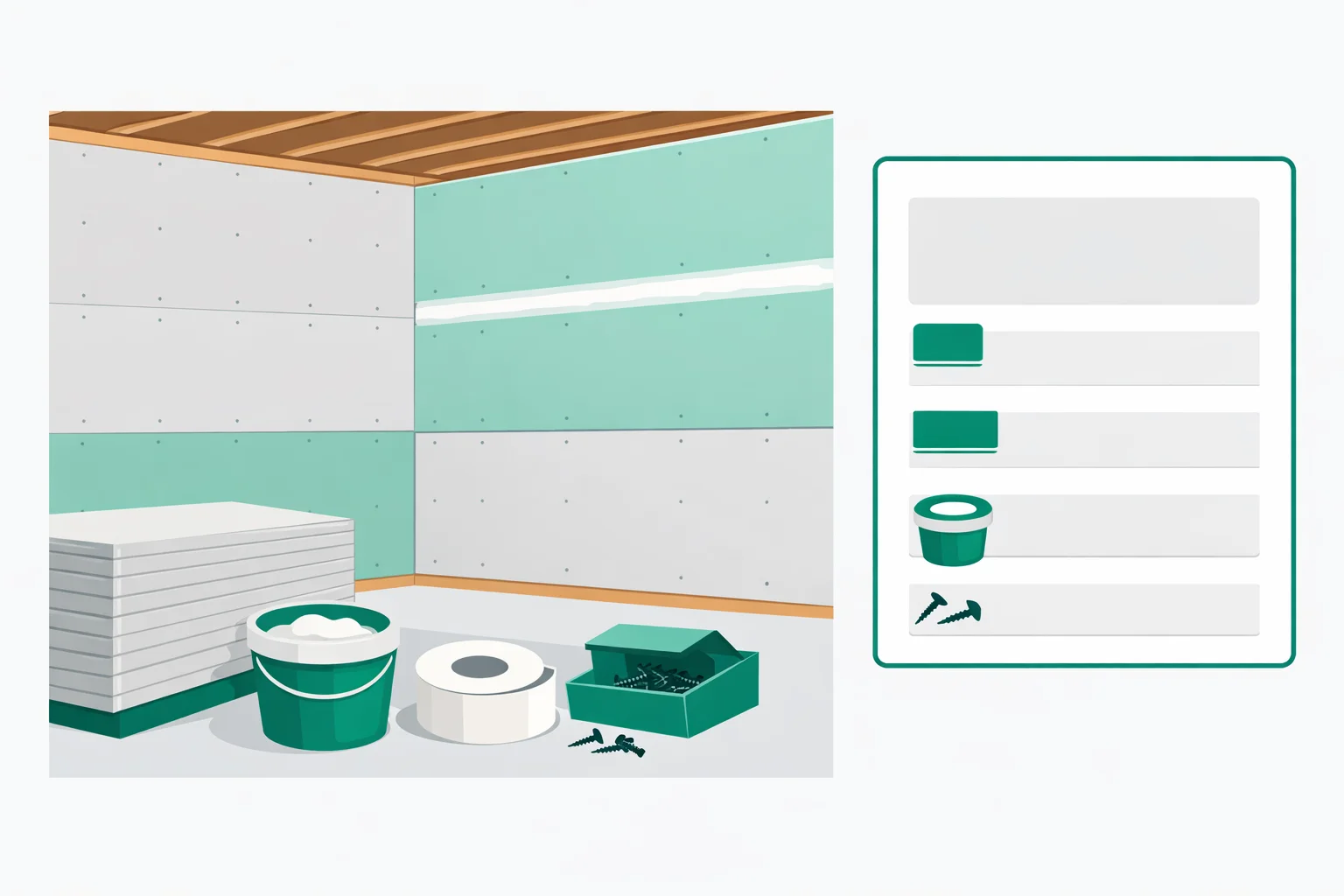 Drywall calculator estimating sheet count, joint compound buckets, tape rolls, and screw boxes for a framed room with 4x8 and 4x12 gypsum panels on walls and ceiling