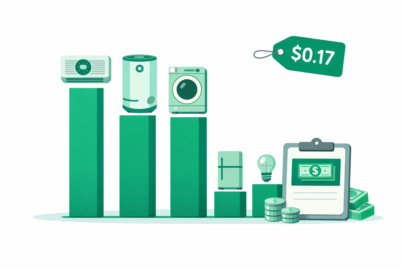 Electricity cost calculator ranking home appliances by monthly cost, with central air, water heater, and clothes dryer as the tallest bars and a $0.17 per kWh rate