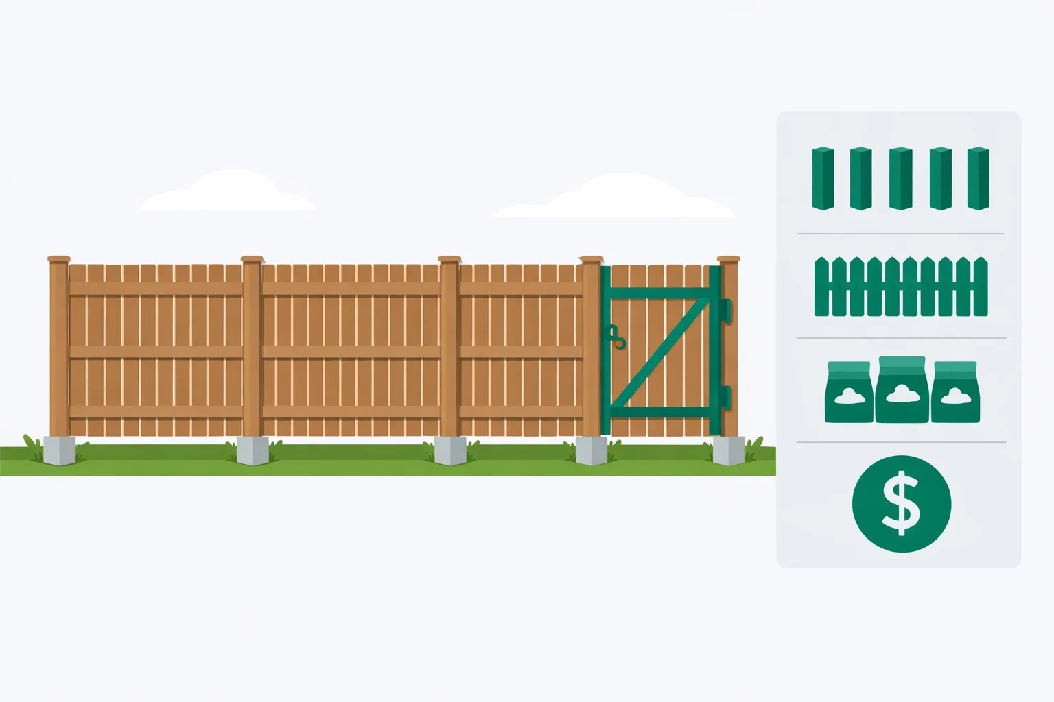 Fence calculator showing a wood privacy fence with evenly spaced 4x4 posts set in concrete footings, three horizontal rails per section, vertical pickets, and a walk gate, plus a breakdown of post count, picket quantity, concrete bags, and total cost