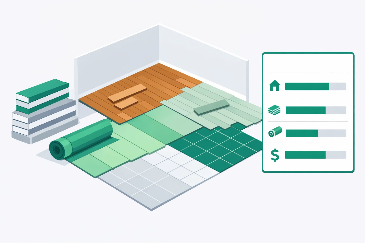 Flooring calculator estimating boxes, underlayment, and installed cost for hardwood, laminate, vinyl plank, and tile across a room floor plan