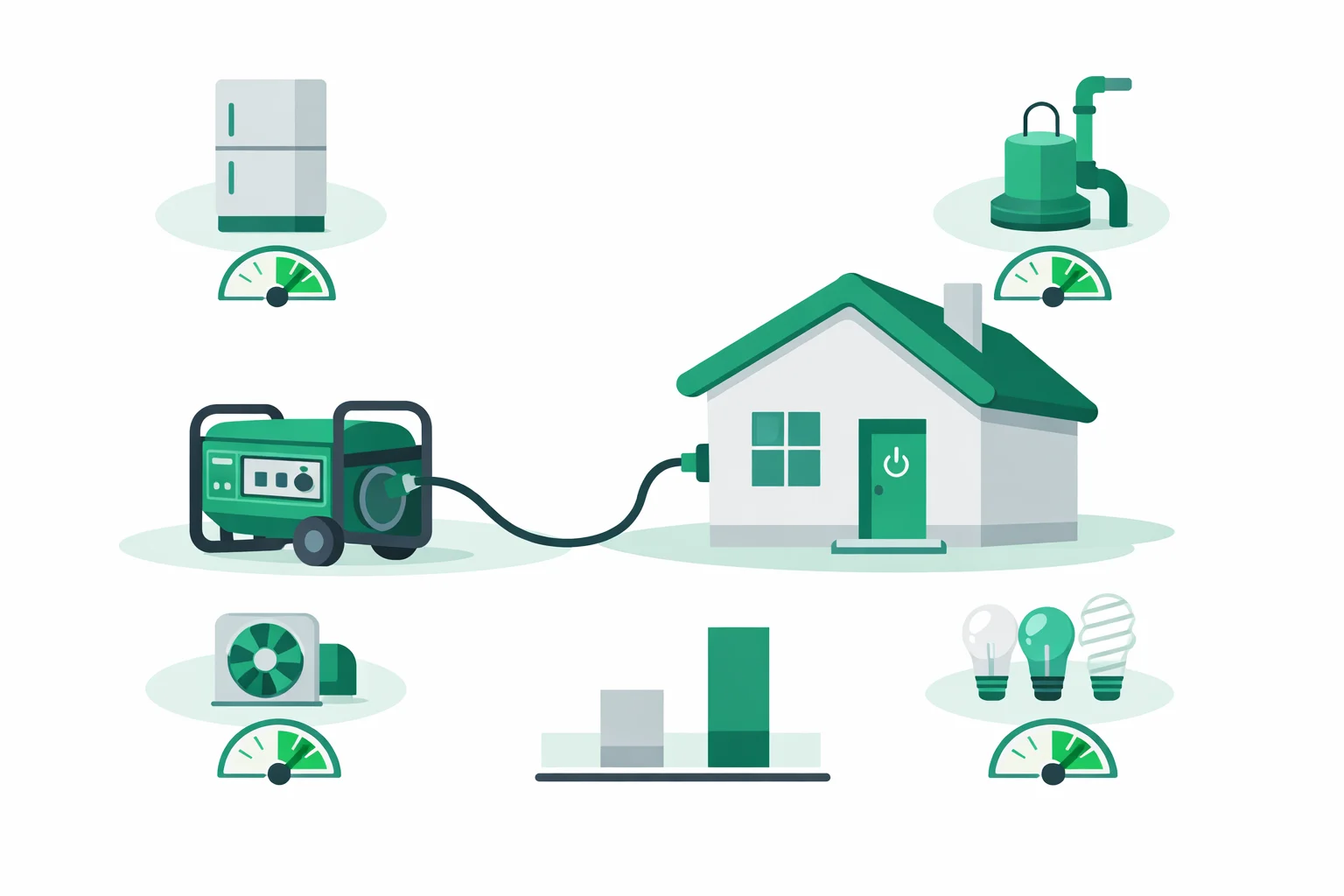Generator sizing calculator diagram showing a portable generator powering a house, with a refrigerator, sump pump, and furnace blower each labeled with running and starting watts feeding a running-load versus peak-surge meter