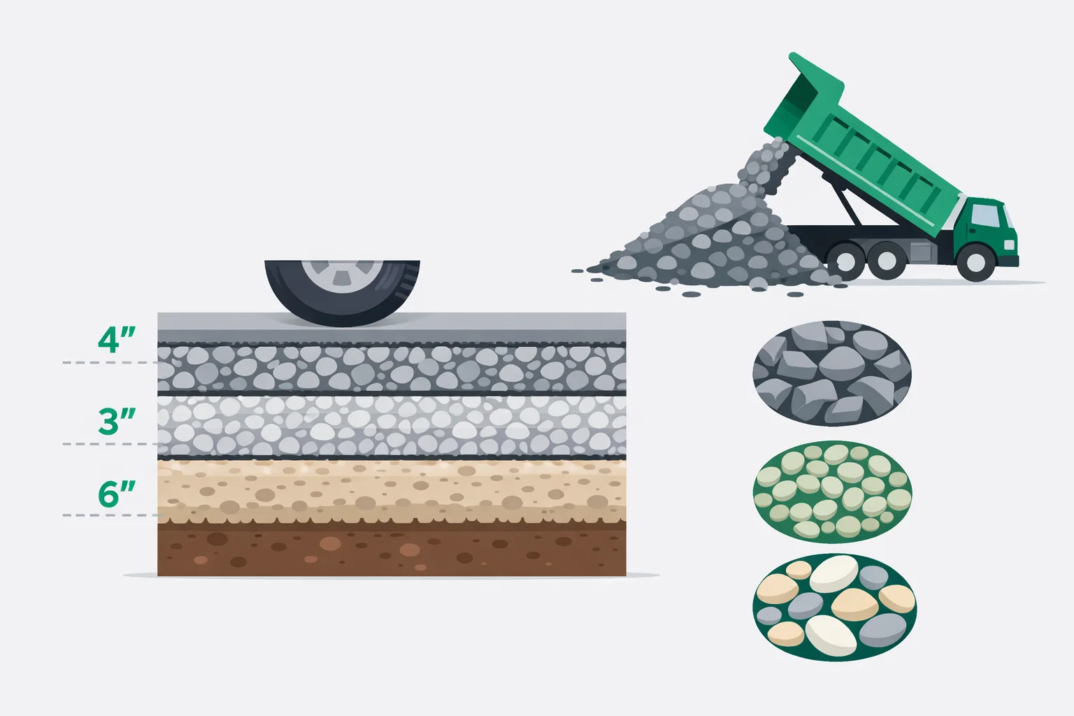 Gravel calculator showing a gravel driveway cross-section with depth markers beside a dump-truck delivery pile and samples of crushed stone, pea gravel, and river rock labeled in tons and cubic yards