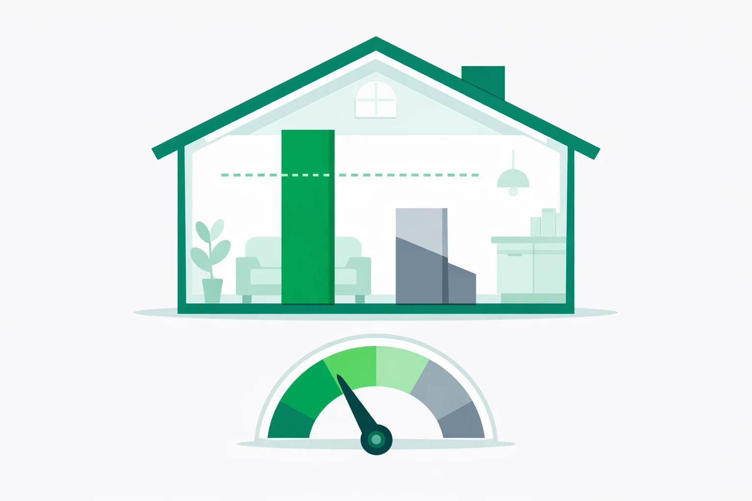 Home equity calculator illustration showing equity growth bar versus mortgage balance, LTV ratio gauge, and tappable equity threshold
