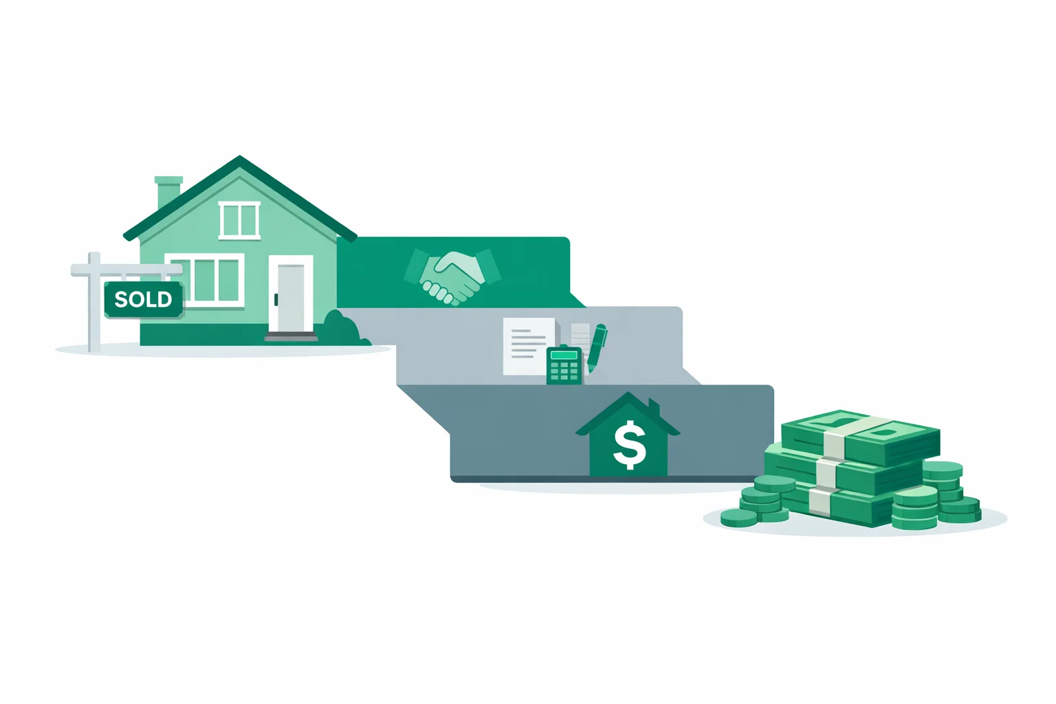 Home sale calculator net proceeds waterfall showing sale price deductions for agent commissions, closing costs, mortgage payoff, and final seller cash proceeds