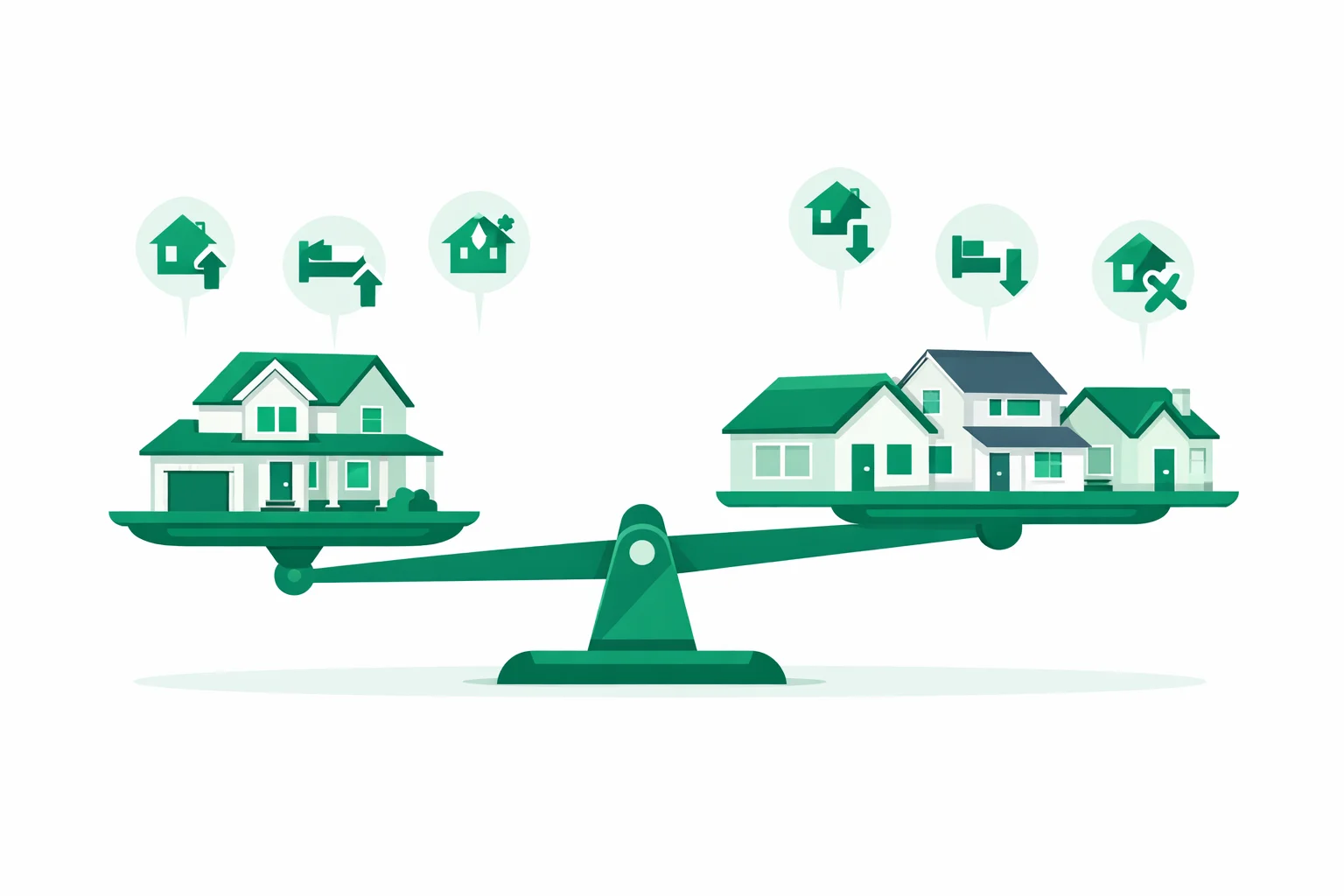 Home value estimation process showing a house compared to three comparable sales with adjustment arrows for square footage, bedrooms, condition, and age