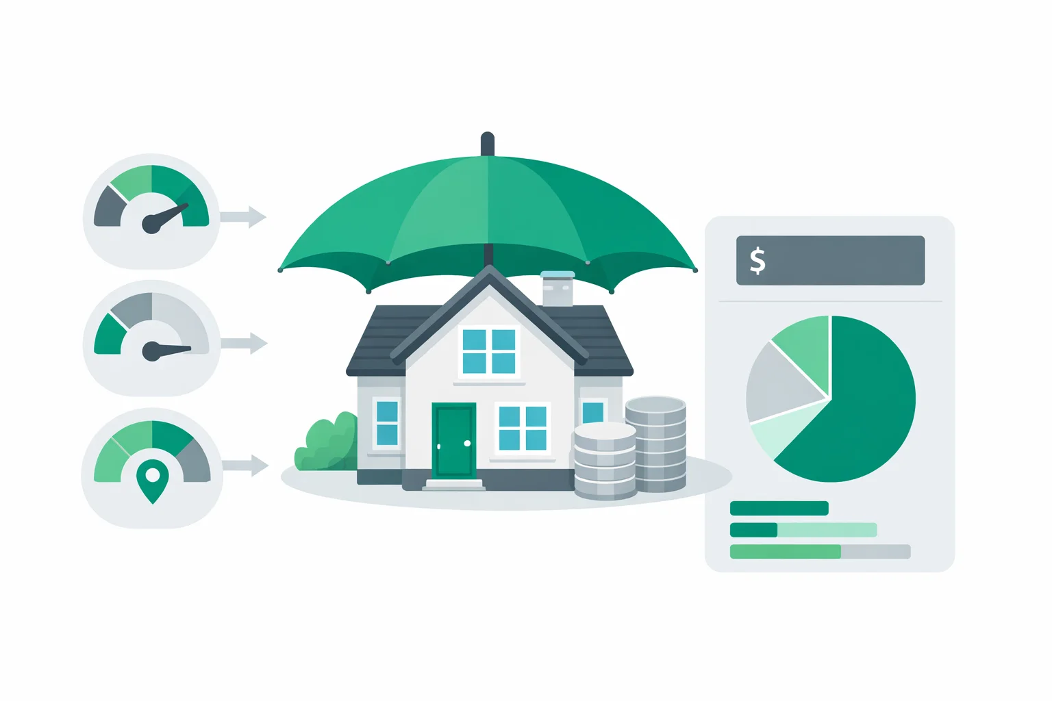 Homeowners insurance calculator showing dwelling coverage, deductible, and location risk producing an estimated annual premium with a coverage breakdown