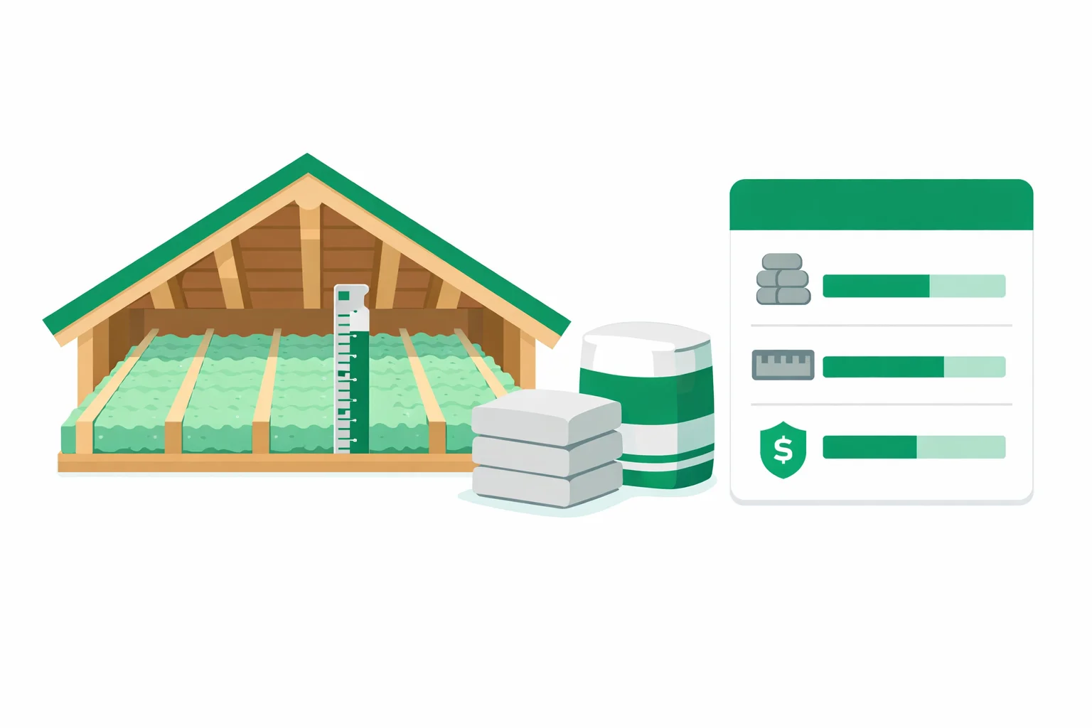 Insulation calculator showing an attic cross-section with blown-in fill between joists, fiberglass batts and a cellulose bag, an R-value depth gauge, and a results panel listing bags needed, inches of coverage, and annual energy savings