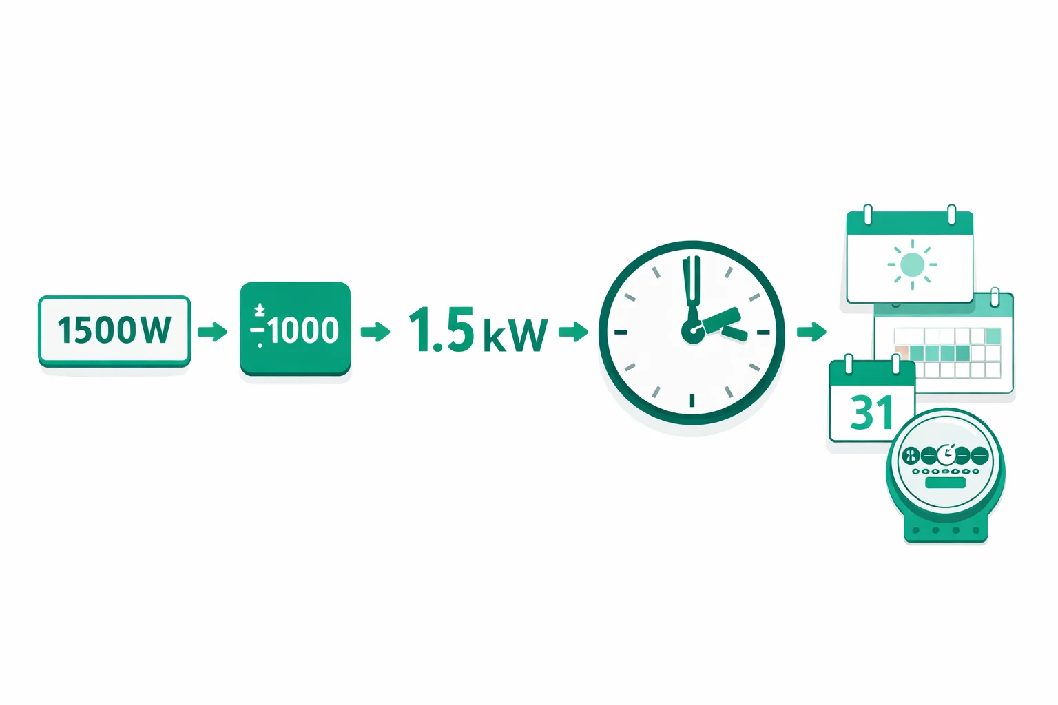 kWh calculator showing a 1,500-watt device divided by 1,000 to 1.5 kW, multiplied by hours to produce kilowatt-hours per day, month, and year