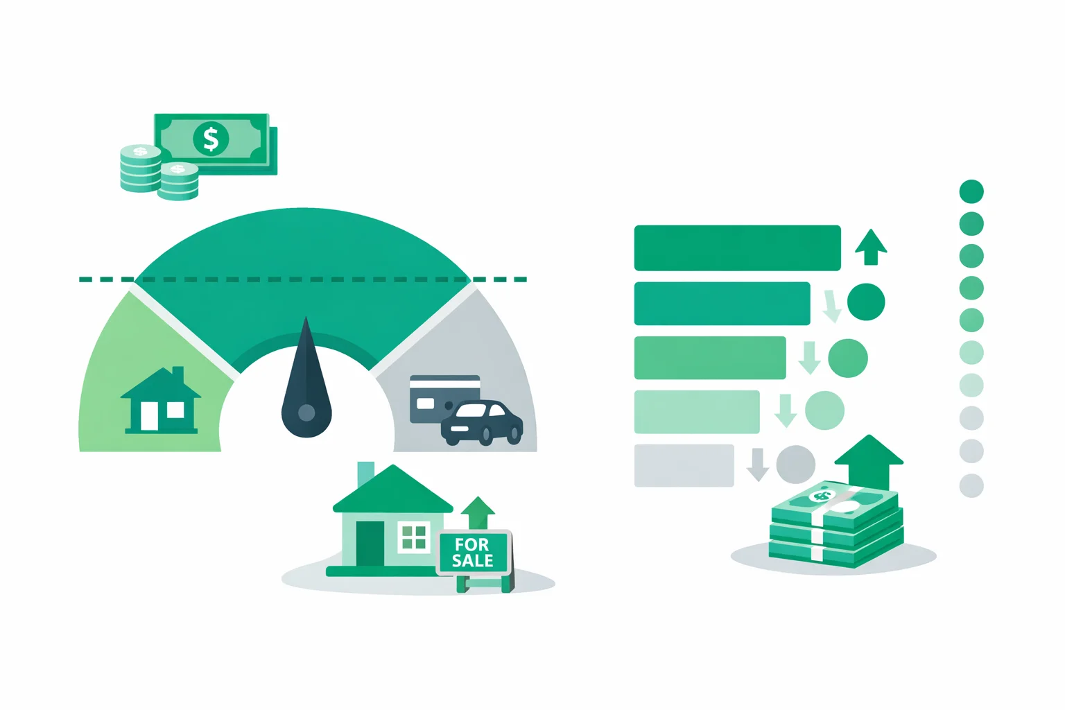 Mortgage approval calculator showing a debt-to-income gauge dividing gross monthly income into a housing payment and existing debt against a 45% back-end DTI ceiling, next to a credit-score-to-rate ladder and the resulting maximum approved home price