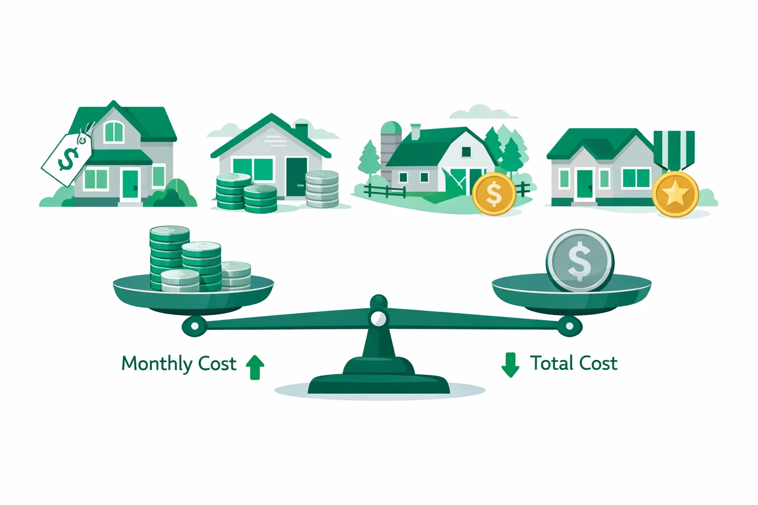 Mortgage insurance calculator comparison of conventional PMI, FHA MIP, USDA guarantee fees, and VA funding fee showing upfront cost, monthly premium, and cancellation timeline for each loan program