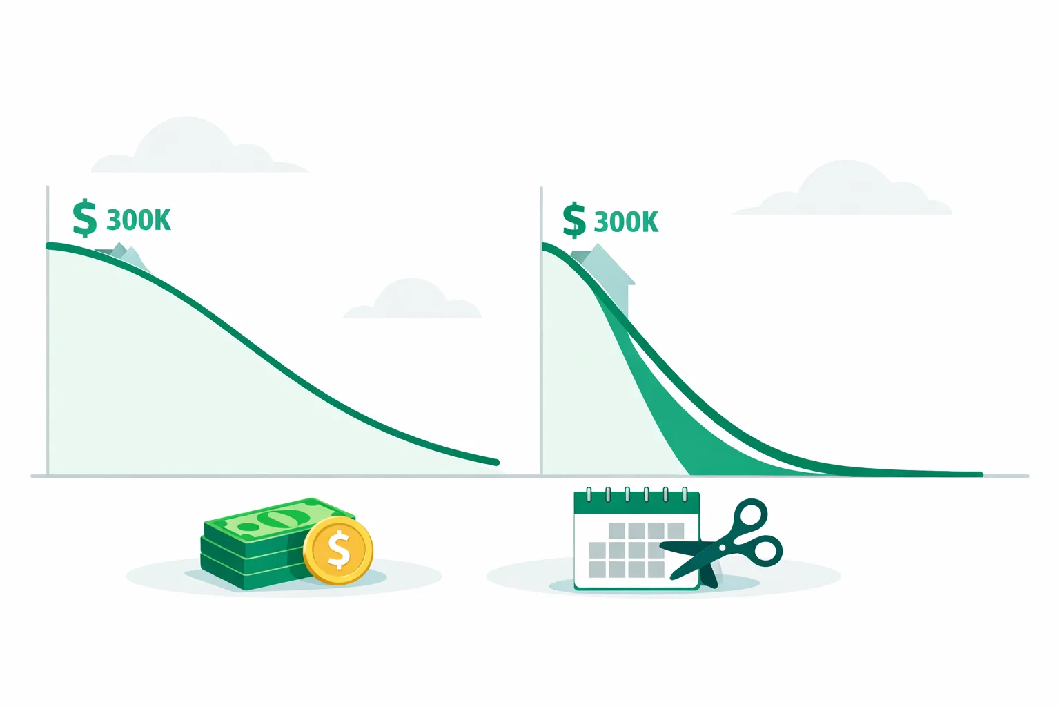 Mortgage payoff calculator showing a $300,000 balance falling on two curves — a slow 30-year standard payoff and a steep accelerated curve reaching zero years earlier — with interest saved and months shaved off highlighted