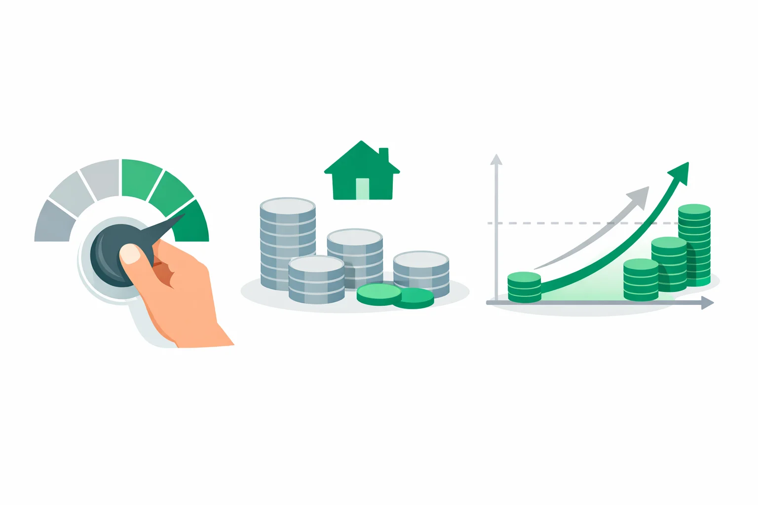 Mortgage points calculator break-even concept showing an interest rate dial turned down, upfront discount point cost in coins, and a savings timeline crossing into profit