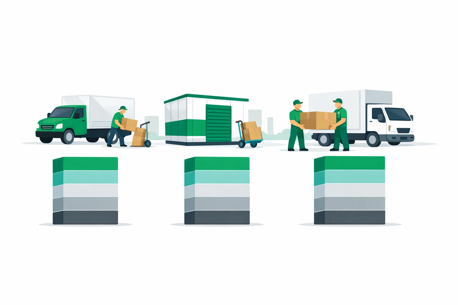 Moving cost calculator comparing DIY truck rental, a portable moving container, and full-service movers with a stacked breakdown of labor, transport, packing supplies, protection, and storage