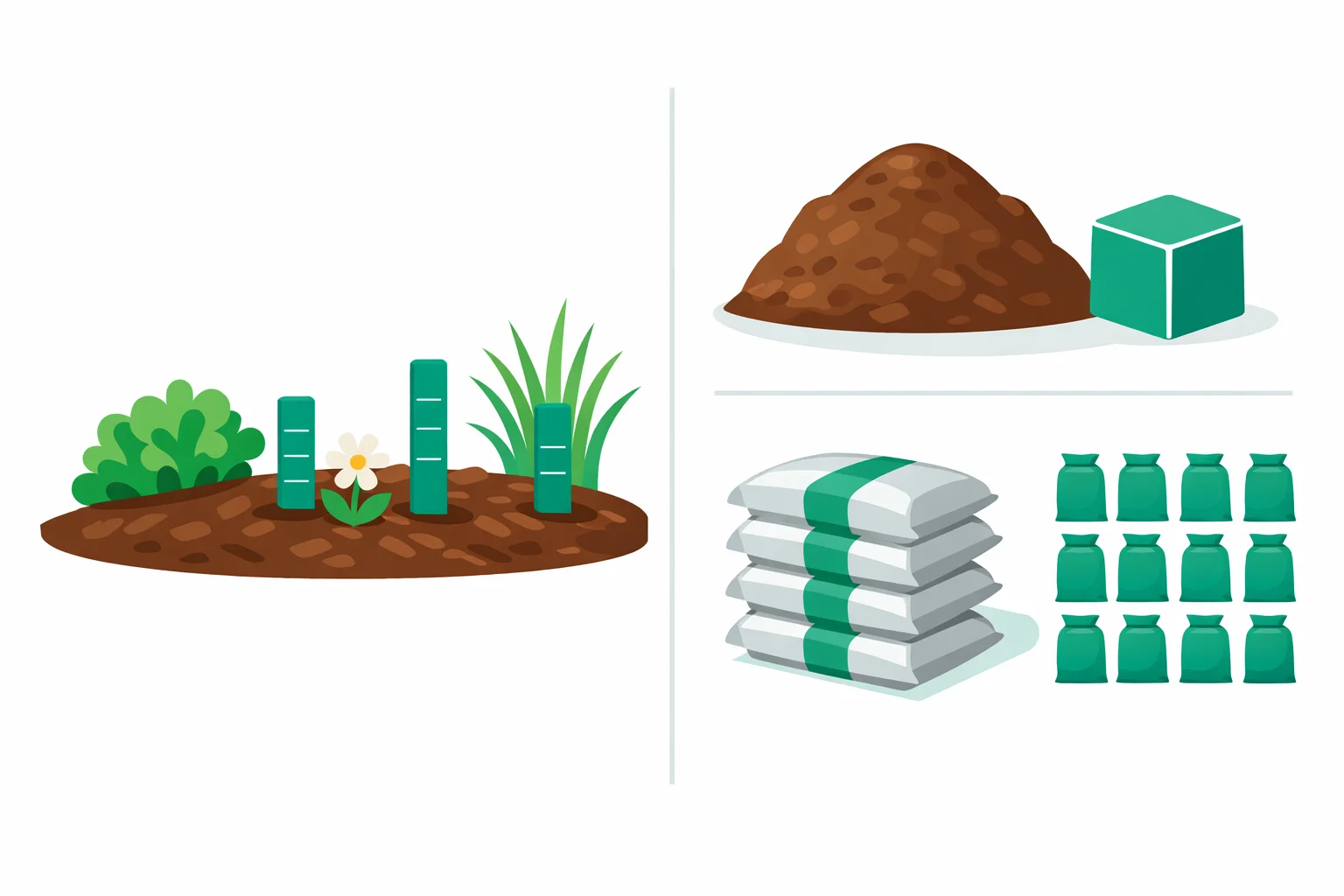 Mulch calculator showing a garden bed with 2, 3, and 4 inch depth markers beside a bulk mulch pile and stacked bags with cubic yard and bag-count labels