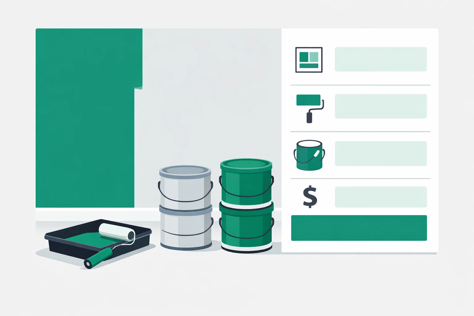 Paint calculator showing a room with two-coat walls, a roller and tray, gallon cans of primer and finish paint, and a panel listing wall area, coats, and gallons needed