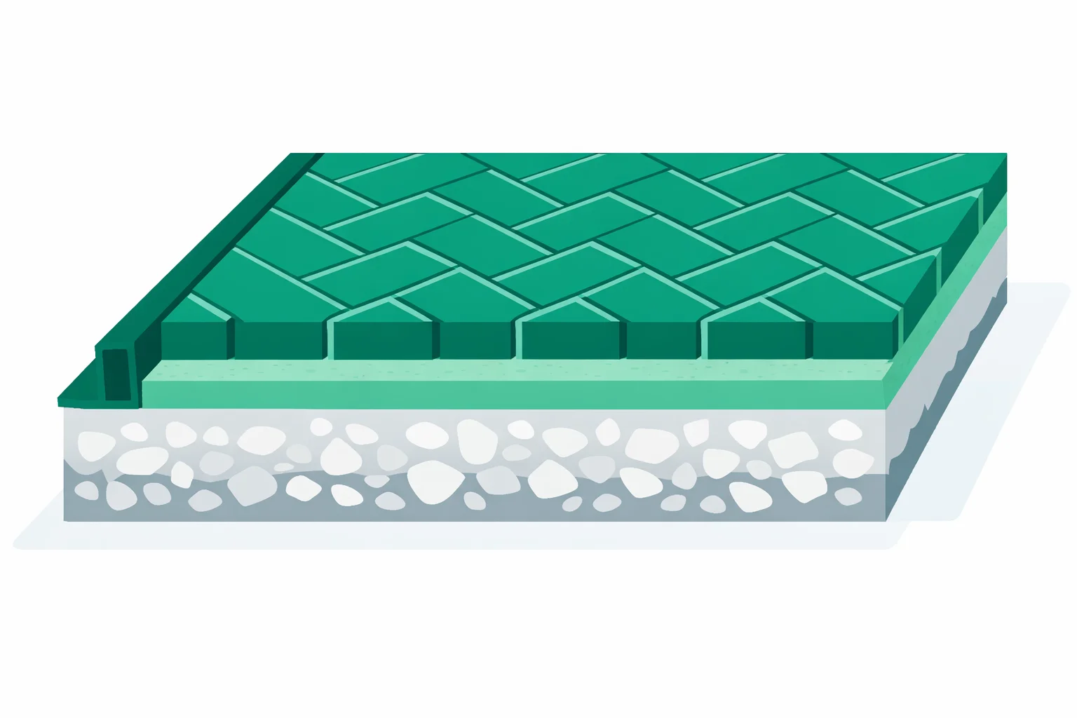 Paver calculator cutaway showing herringbone concrete pavers over a 1-inch bedding sand layer and a 4-inch compacted gravel base, with edge restraint and polymeric joint sand labeled