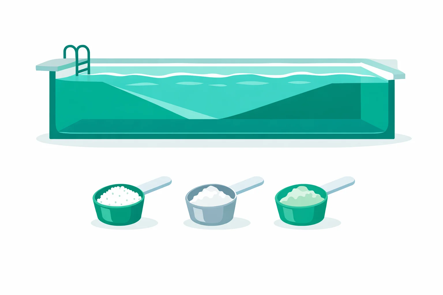 Pool calculator showing a rectangular inground pool cross-section sloping from a 3-foot shallow end to an 8-foot deep end, with a gallon total and scoops of pool shock, baking soda, and soda ash