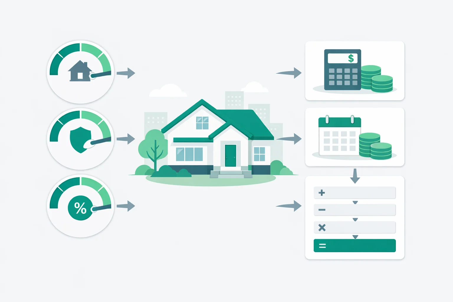 Property tax calculator showing assessed home value, homestead exemption, and local tax rate producing an annual tax amount, monthly escrow, and a step-by-step breakdown of the bill