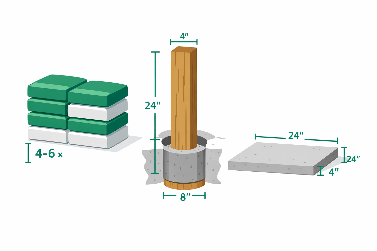 Quikrete calculator illustration showing stacked concrete bags next to a fence post hole and small slab with dimension labels and bag count annotations