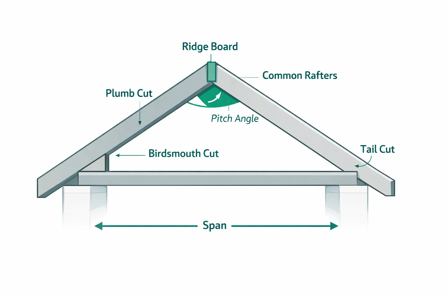 Roof rafter diagram showing common rafter components including ridge board, birdsmouth cut, plumb cut, tail cut, run, rise, and overhang with dimensions labeled