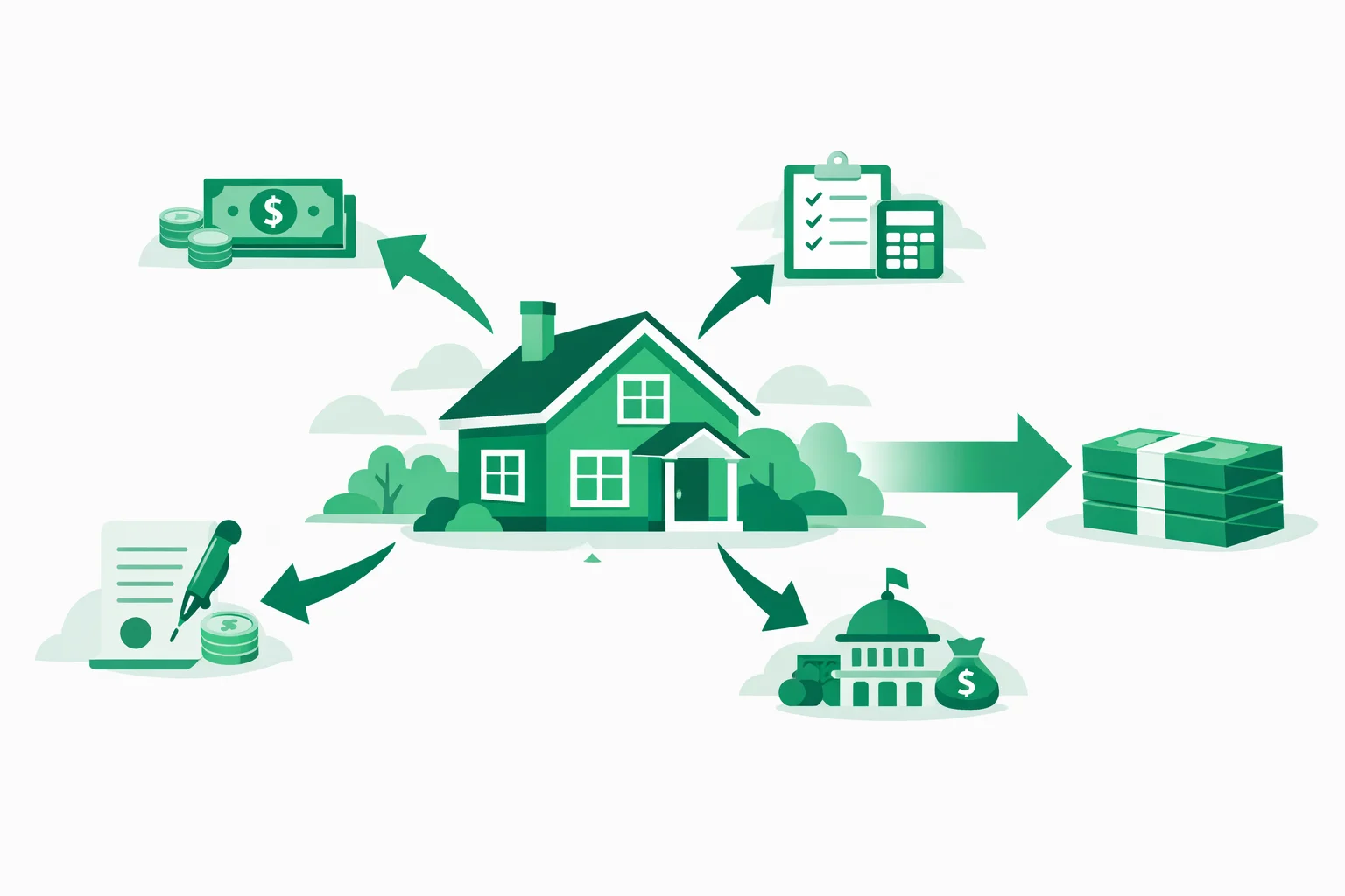 Real estate transaction cost flow diagram showing commissions, closing costs, and net proceeds for buyers and sellers