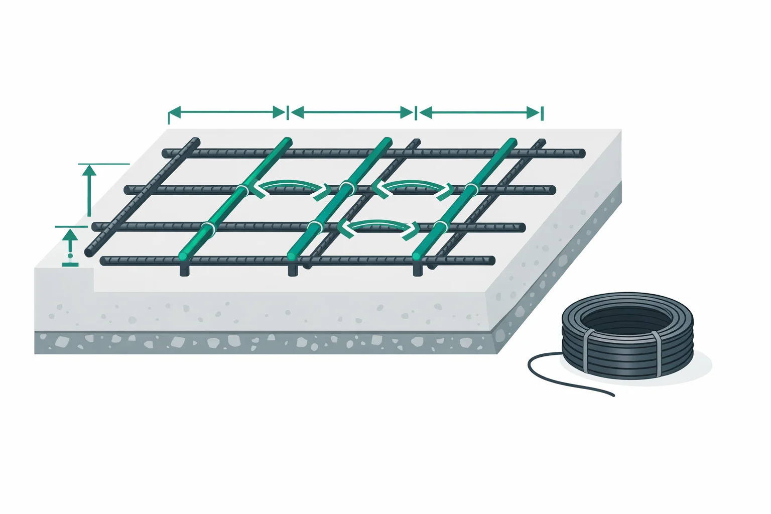 Rebar reinforcement grid laid inside concrete forms with labeled bar sizes and spacing dimensions