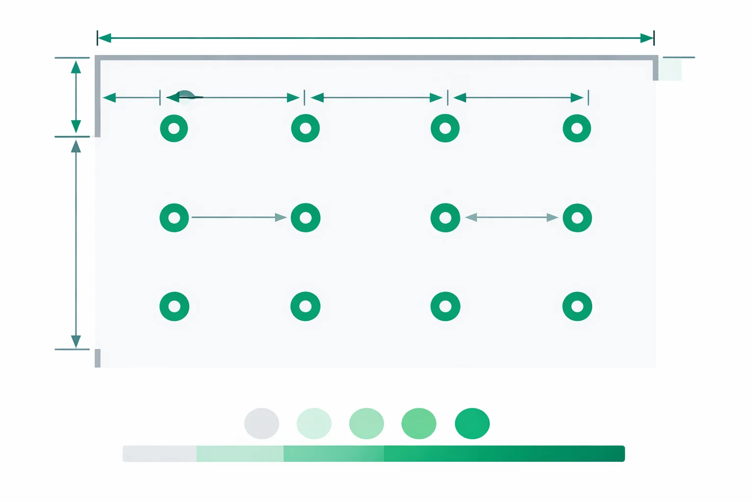Top-down recessed lighting layout diagram of a living-room ceiling showing an evenly spaced grid of can lights with center-to-center spacing and wall-offset dimensions