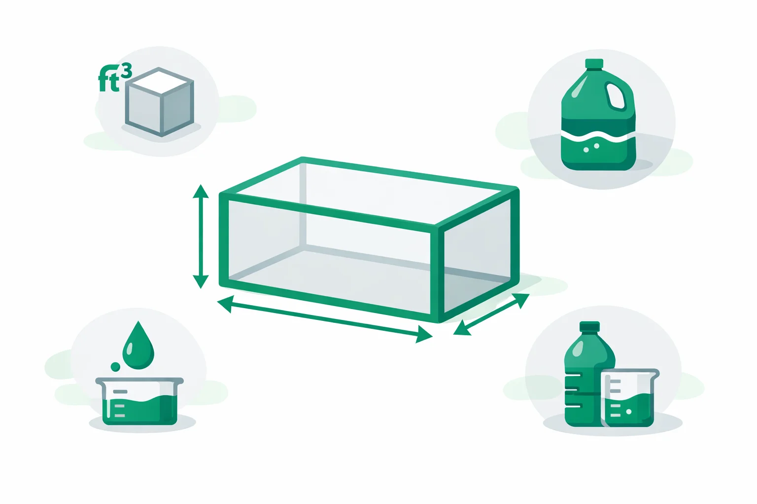 Rectangular prism calculator illustration showing a 3D box with labeled length, width, and height dimensions and unit conversion icons for cubic feet, gallons, and liters