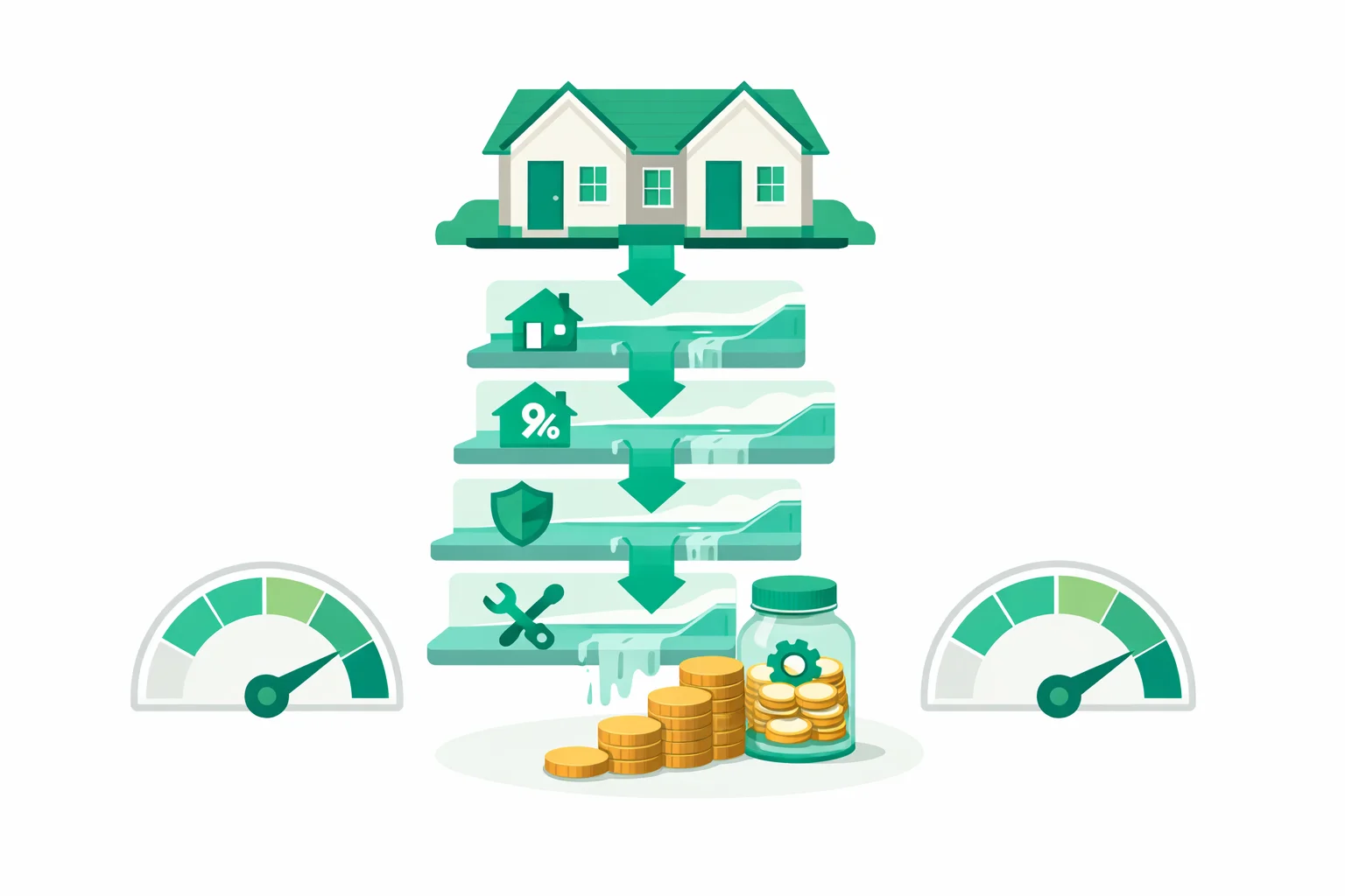 Rental property calculator showing a multi-unit rent roll flowing through vacancy, operating expenses, and a CapEx reserve into monthly cash flow, cap rate, and cash-on-cash return