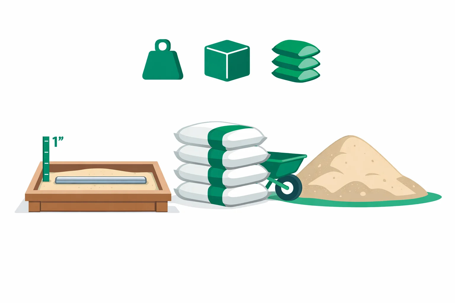 Sand calculator showing a screeded 1-inch paver bedding layer beside a sandbox, stacked 50-pound sand bags, and a bulk delivery pile, labeled in tons, cubic yards, and bags