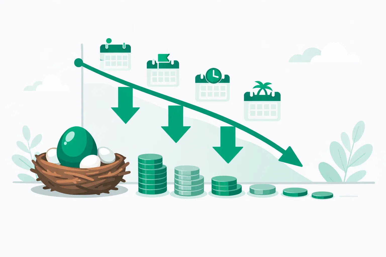 Savings withdrawal calculator illustration showing declining retirement balance over time with monthly withdrawal arrows, nest egg, and depletion timeline milestones