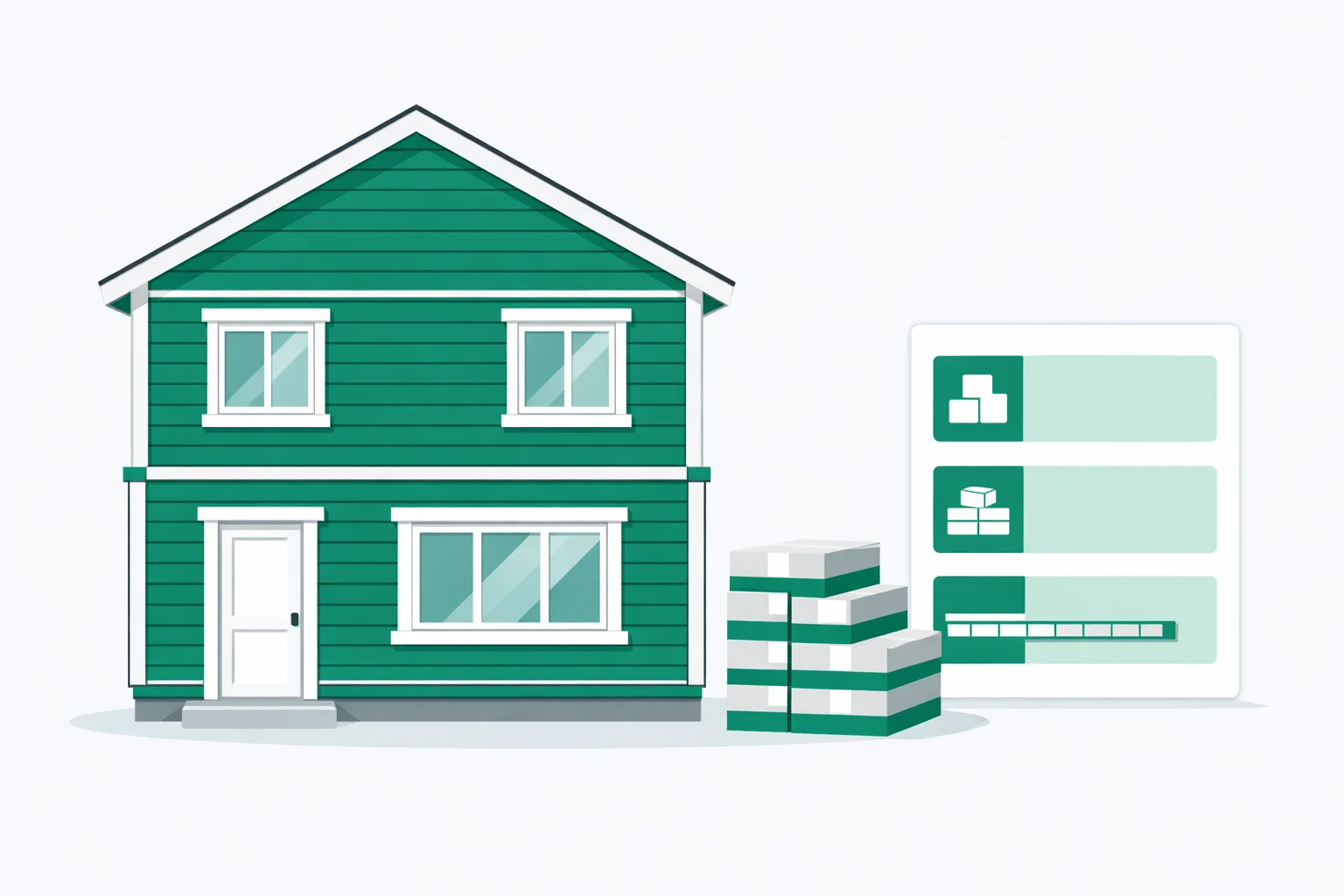 Siding calculator estimating squares, boxes, starter strip, J-channel, and corner posts for a two-story house with horizontal lap siding, a gable end, and trimmed windows and doors