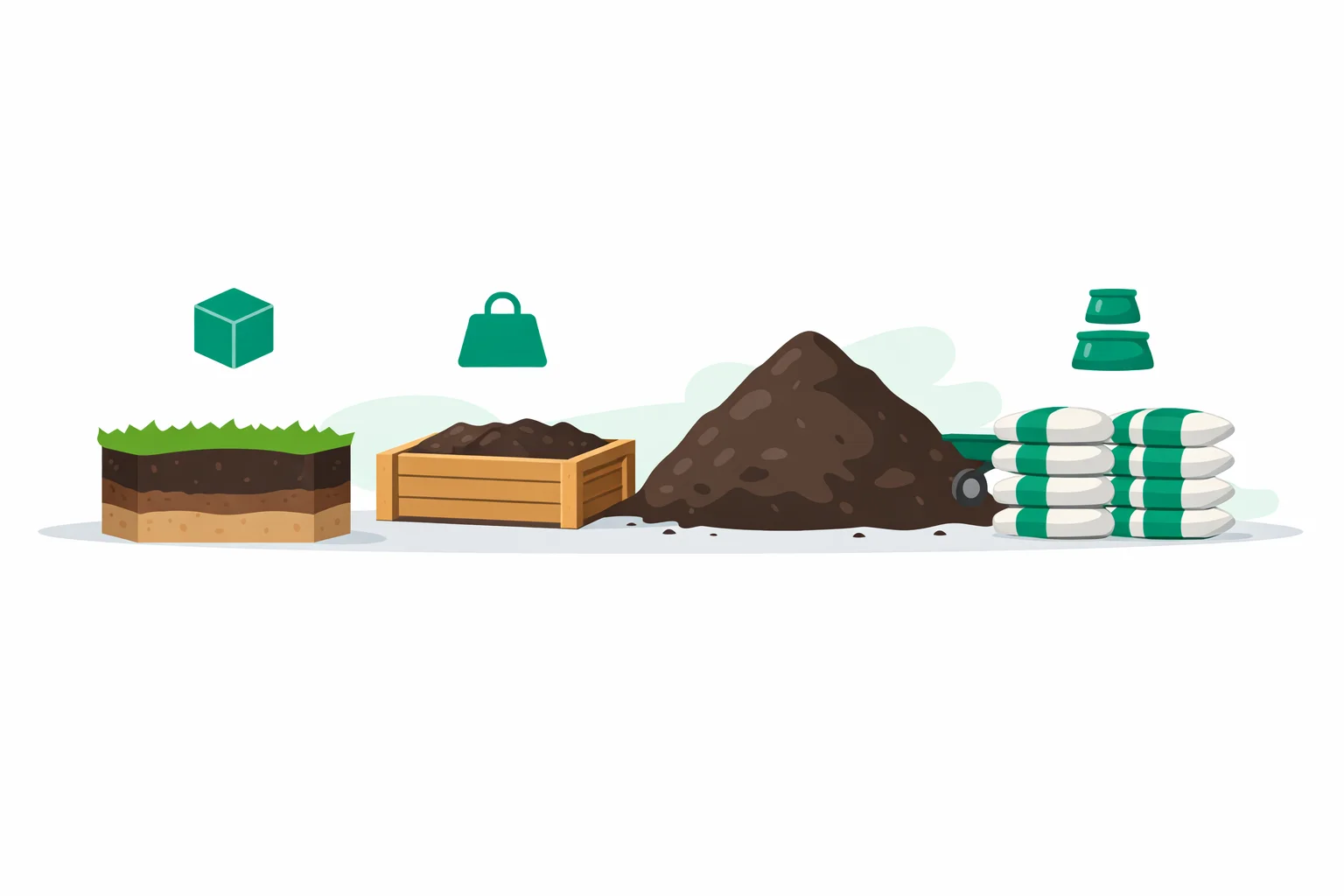 Soil calculator showing a garden bed and a raised bed filled with topsoil beside a bulk delivery pile and stacked bags, with cubic yard, ton, and bag-count labels