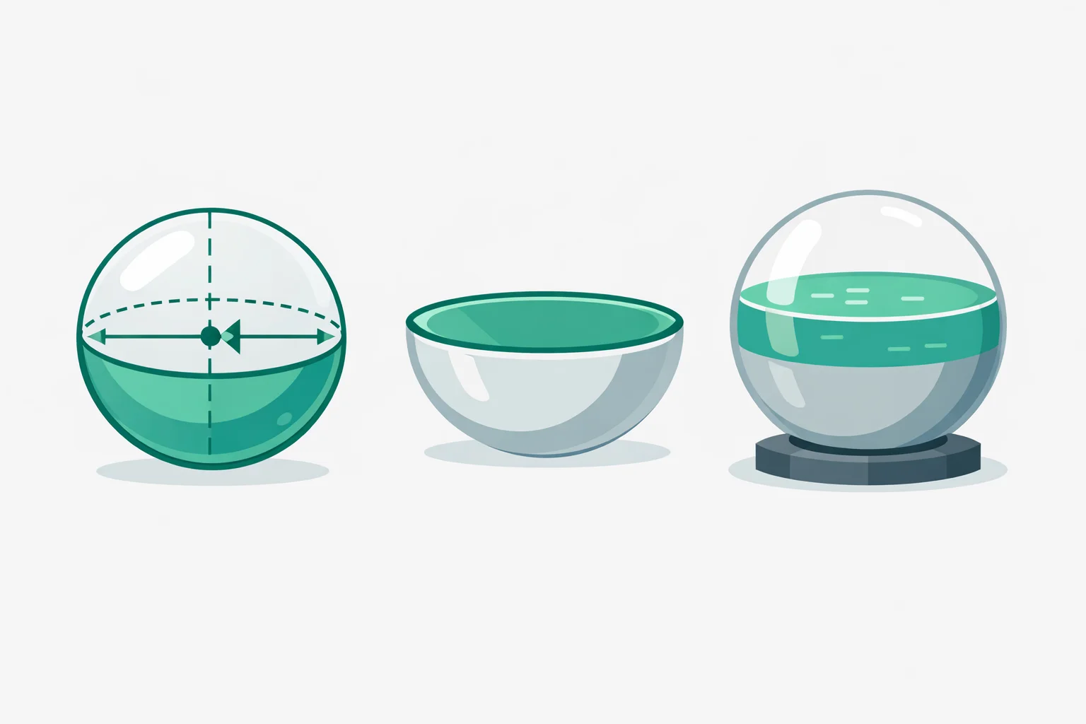 Sphere volume calculator illustration showing a sphere with labeled radius, diameter, and cross-section dimensions alongside hemisphere and spherical tank with capacity labels