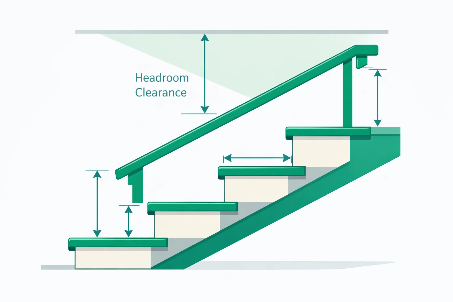 Stair calculator cross-section diagram showing labeled risers, treads, stringer notches, nosing overhang, and IRC building code dimension callouts