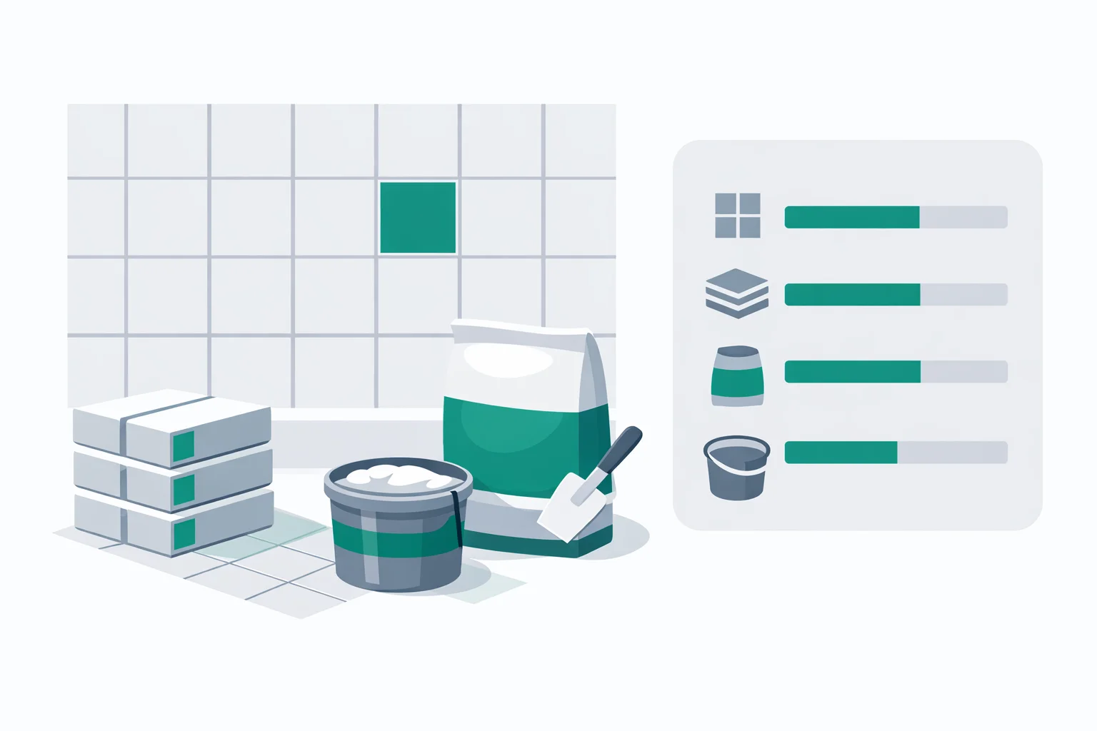 Tile calculator estimating tile count, boxes, thin-set bags, and grout pounds for a floor and wall layout with grout joints and a cut tile at the edge