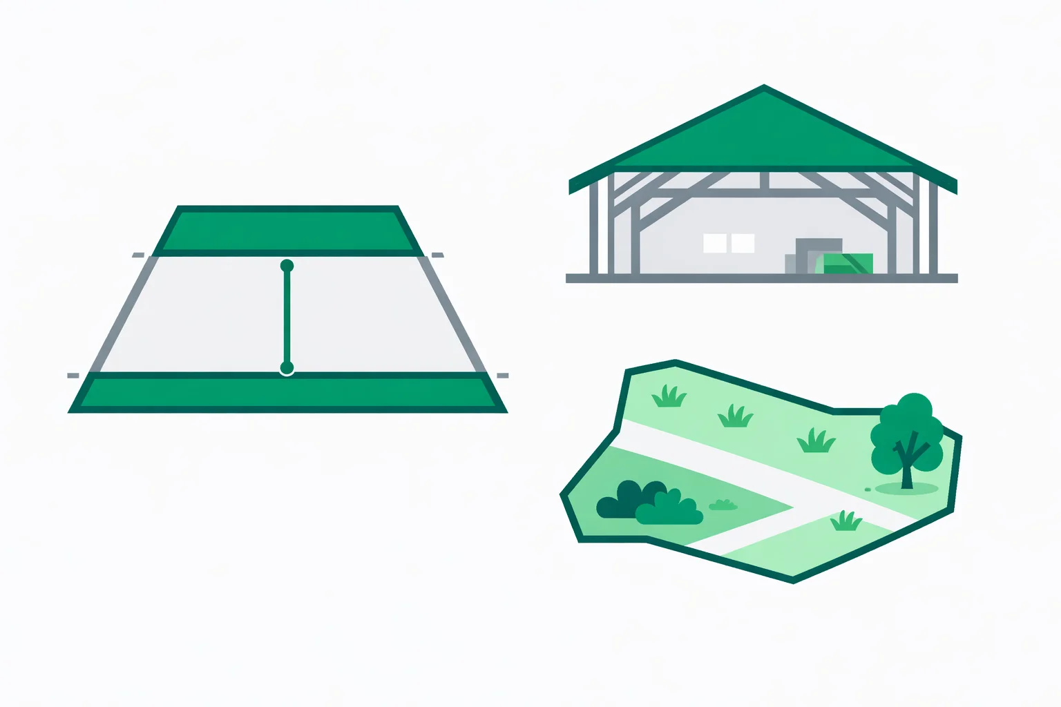 Trapezoid calculator showing labeled parallel bases, height, and real-world examples like roof sections and yard plots