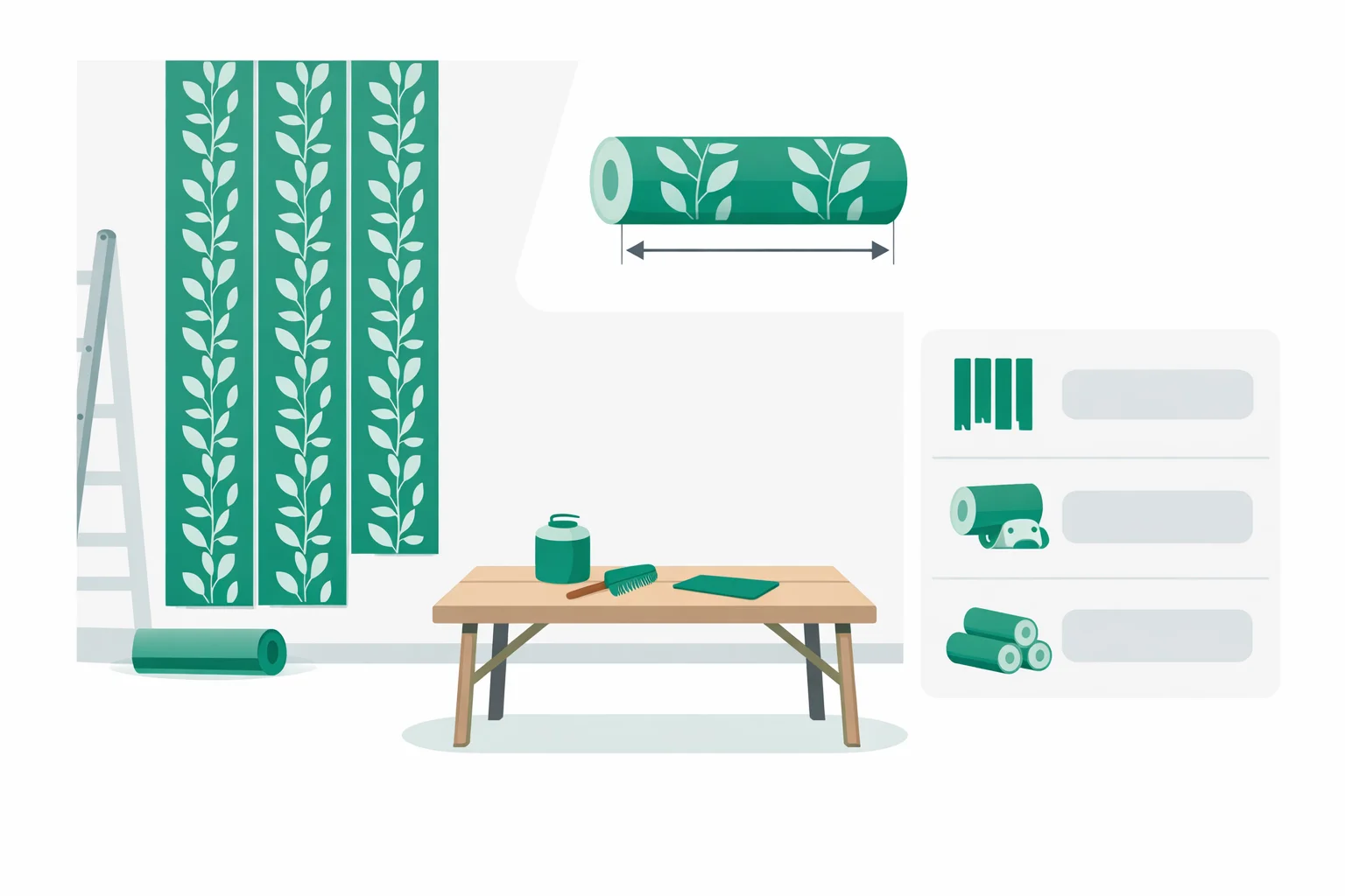 Wallpaper calculator showing a wall papered in vertical strips, a roll of patterned wallpaper with the pattern repeat distance labeled, and a results panel listing strips needed, strips per roll, and total rolls